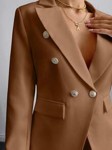 SHEIN Cottnline Women Simple Business Solid Color Lapel Neck Double Breasted Blazer And Pants - Beige - View 3