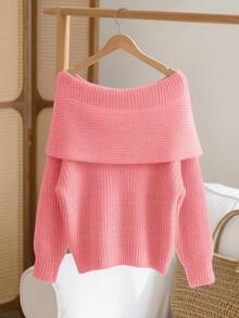 Lyxana Herbst/Winter Neu Plissee Weich Elegant Minimalistisch Elegant Oversized Schleife Rundhals Langarm Grobstrick Pullover für Frauen - Pink - Übersicht 2