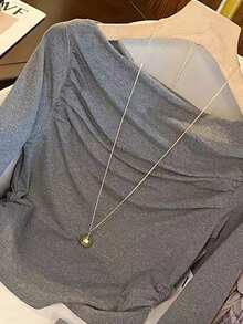 SHEIN LUNE 女式休闲纯色露肩荷叶边长袖T恤 - 灰色 - 查看 3