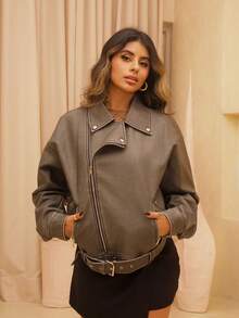 Rayane Ketlyn 复古水洗 PU 皮革翻领宽松摩托车夹克 - 深灰色 - 查看 6