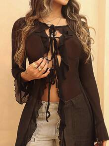 Rayane Ketlyn Women Fall/All-Season Streetwear  Boho Fairycore Daily Wear Rave Renaissance Fair Hippie Music Festival Mesh Straps Ruffle Ribbon Long Coat - Black - View 3
