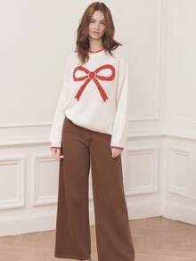 lacRébo Cosy Oversized Jumper With Red Bow Front Detail Cute Spring Summer  New Year White Sweater - Red and White - View 3