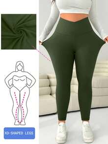 SHEIN EZwear Quần legging bó màu xanh ô liu cỡ lớn dành cho nữ - xanh quân đội - Xem 1