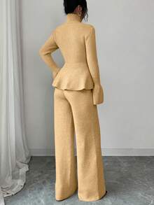 Elenzga 两件套：优雅休闲通勤蓝色立领喇叭袖收腰开衫和直筒针织衫，秋冬款 - 卡其色 - 查看 2