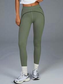 Menodora SHEIN Sport Women's High-Waisted Leggings,Army Green,Summer,Athletic,Gym,Soft Stretchy Fabric,Stylish Contrast Stitching,Sculpting Slim Fit,Moisture-Wicking Yoga - Dark Green - View 4