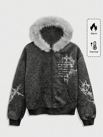 Men's Casual Retro Print Fleece Hoodie, Autumn/Winter