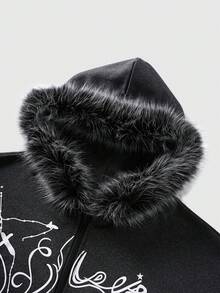 ROMWE MEN Street Life Men's Casual Letter Print Fleece Fluffy Collar Hoodie Sweatshirt, Autumn/Winter - Black - View 5