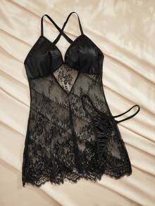 Charlaine Seksowna koszula nocna damska, koronkowy patchwork z rzęsami, prześwitująca, seksowna sukienka o średniej długości z głębokim dekoltem w serek i czarnymi stringami