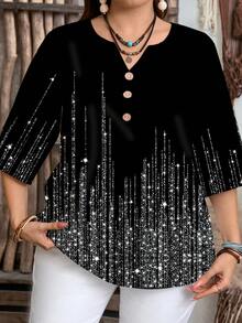 EMERY ROSE Plus Size Casual Notched Neck Half Sleeve Blouse With Random Print Design And Rhinestone Details,Spring/Summer/Vacation - Multicolor - View 6