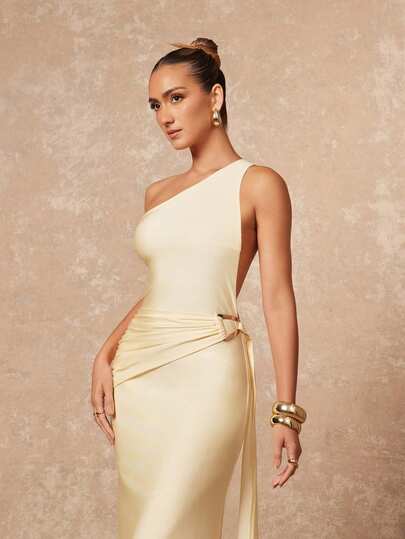 Lumalex 女士露背吊带低腰金属装饰腰带长款直筒连衣裙