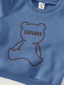 SHEIN 3件套婴儿男女童秋冬可爱卡其色针织连帽外套、背心、卡通熊图案卫衣、运动裤，男女通用婴儿服装，婴儿冬季保暖套装 - 霧霾藍 - 查看 8