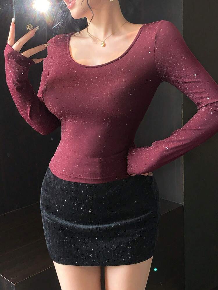 Women's Solid Color Round Neck Long Sleeve Fitted Fashionable T-Shirt Y2k