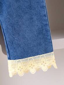 2 Stücke Mädchen elegantes Outfit Set: Beige Chiffon Langarm Top mit Perlknöpfen und floralem Design und gerade geschnittene Hose, Herbst - Aprikosenfarben - Übersicht 4