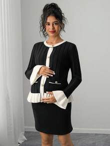 Momance Women Loose Fit Faux Pocket Contrast Ruffle Trim Elegant Maternity Crew Neck Long Sleeve Cardigan Sweater, Suitable For Daily Commute And Dates