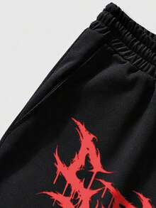 ROMWE MEN Goth Men's Casual Letter & Cross Print Drawstring Waist Shorts, Summer - Black - View 4