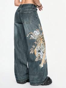 ROMWE Grunge Punk Spring/SummergraphicUnisex Retro Street-Style Chinese Tiger & Floral Embroidery Loose Wide-Leg Jeans - Blue - View 5