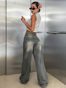 EURMUSE RueChic 100%纯棉低腰阔腿复古水洗Y2K风格牛仔裤 - 灰色 - 查看 2