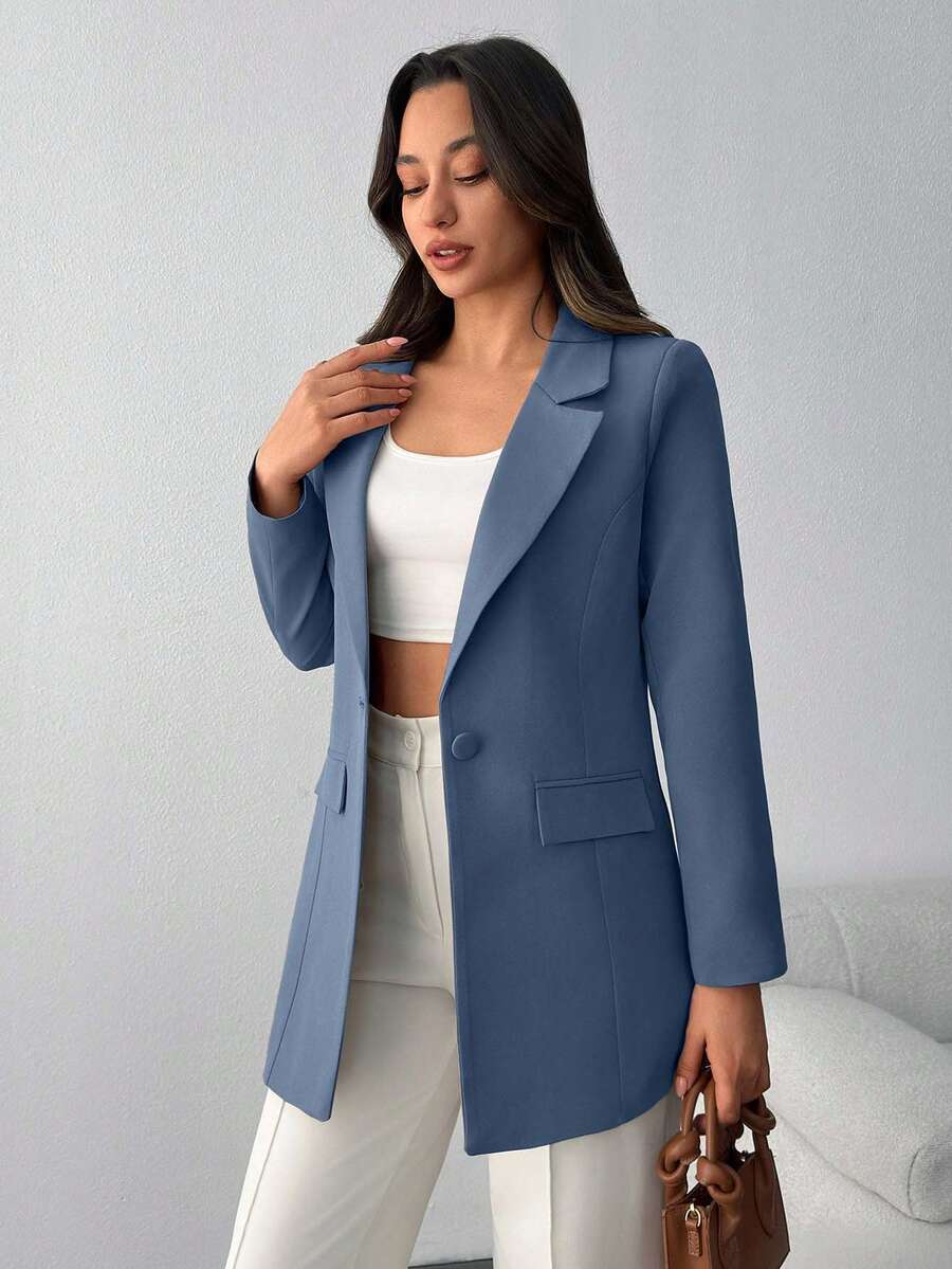 EURMUSE LAPEL COLLAR BODY POCKET FABRIC BUTTON BLAZER - Blue - View 1