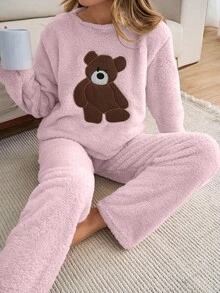 EURMUSE Plus 2pcs Plush Bear Embroidery Detail Homewear PJ Set - Baby Pink - View 6