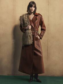 Arave 女式 PU 皮革长款系带不对称翻领设计风衣，适合日常通勤 - 咖啡棕 - 查看 2