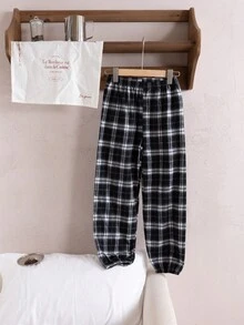 2件套女童优雅经典格子弹力腰裤，百搭舒适家居服/睡衣套装