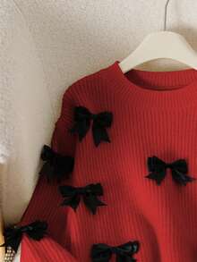 SHEIN Cute Girly Ballet Style Double Bow Cropped Crew Neck Sweater, Adorable Chunky Knit Pullover In Gray