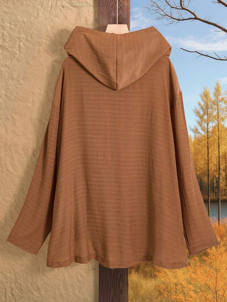 Plus Size Solid Color Casual Hooded Long Sleeve Shirt