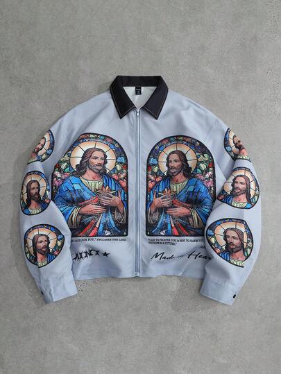 Goth Men's Casual Religious Character Retro Print Shirt, Autumn