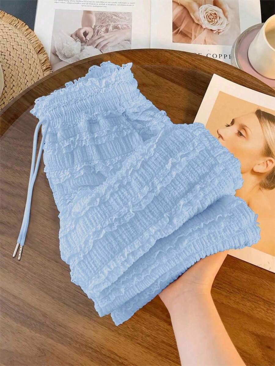 SHEIN Clasi 2025夏季女士法式复古荷叶边修身直筒长款休闲裤 - 淺藍色 - 查看 1