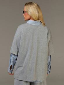 Athîral Women's Casual Commuter Gray Oversize Short Sleeve T-Shirt And Plaid Shirt 2-Piece Set - Multicolor - View 3