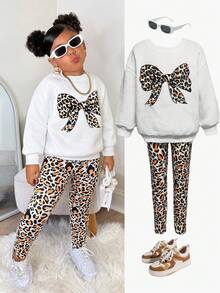 SHEIN 2pcs/Set Girls Cute Bow & Leopard Print Loose Sweatshirt + Leggings, Thickened, Versatile, Fashionable Casual Outfit - Multicolor - View 1