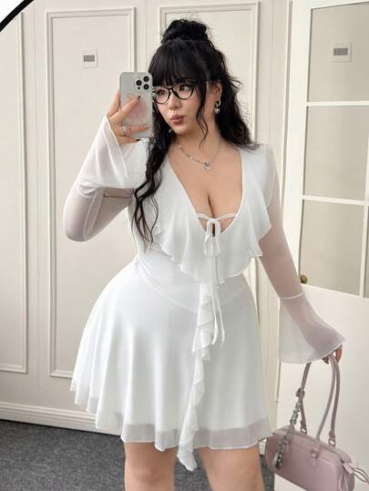 CovetEZ Vestido de línea A de manga larga con volantes de malla transparente blanca de talla grande