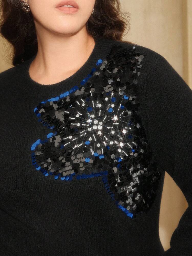 Luxurious, Elegant Christmas Sequin, Rhinestone & Floral Embroidered Plus Size Crew Neck Sweater, High Fashion, Autumn/Winter