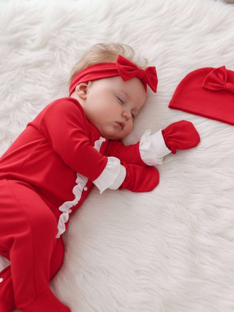 3pcs/Set Baby Girls' Fuchsia Floral Ruffle Sleeve Jumpsuit With Headband & Hat, Homewear Outfit Fall Winter