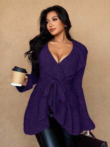 Islaluna 女士简约优雅法式浪漫系带开衫 - 紫色 - 查看 6