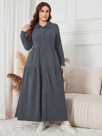 Lacomfia 大码女式纯色长袖单排扣休闲长款针织连衣裙