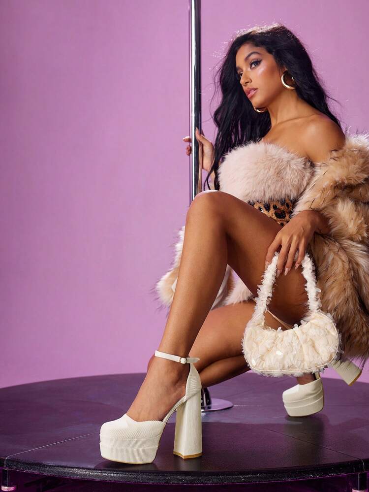 CUCCOO LuxiPop Women's Thick Sole Buckle Design Glamorous Versatile Fashion High Heels