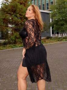MelDlgn Plus Size Lace See-Through Front Tie Bow Neck, Ruffle Trim Sexy Long Tie-Up Cardigan - Black - View 6