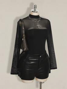 SHEIN ICON Combinaison grande taille en maille noire unie à manches longues, Top transparent avec col montant et manches classiques, combinaison femme style Y2K - Noir - Voir 9