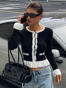DAZY Women's Ruffle Trim Fitted Cardigan, Autumn/Winter Y2k - Black and White - View 6