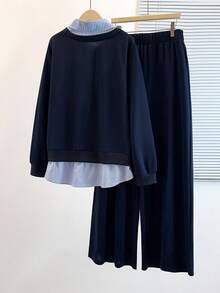 GlowEve CURVE Áo khoác cardigan dài tay kẻ sọc màu tương phản cỡ lớn dành cho nữ, kiểu dáng thanh lịch, thường ngày, bộ hai món + quần cạp chun màu trơn - Màu xanh hải quân - Xem 2