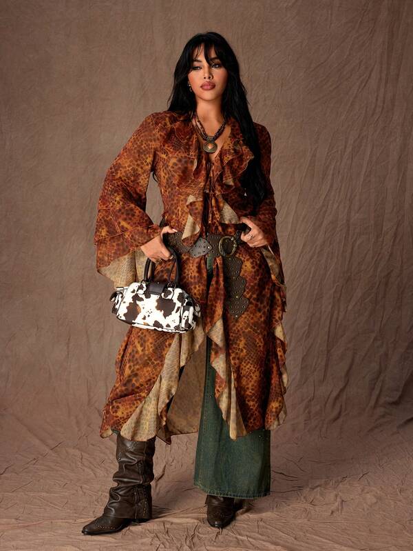 Rustia Camisa larga de manga larga con estampado de lunares de malla, volantes y lazo, talla grande