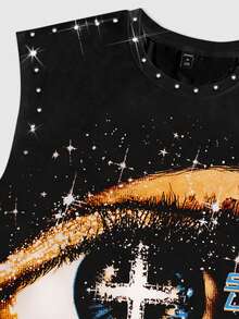 ROMWE MEN Grunge Punk Áo ba lỗ cổ tròn không tay in họa tiết đường phố phong cách Punk đính đá và chi tiết mài mòn, dành cho nam mùa hè - màu đen - Xem 4