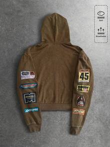 ROMWE MEN Street Life Sudadera con capucha casual de hombre con estampado de letras, otoño - Café integral - Ver 2