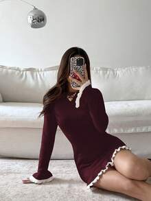 Sunnyshic Fashionable Ruffled Hem Women Sweater Dress, Suitable For Dates And Vacations