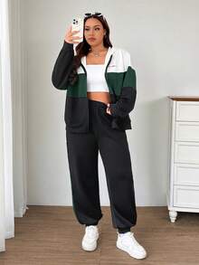 SHEIN EZwear 2 件套大码运动休闲撞色标语印花运动衫夹克 + 裤子运动服，秋冬 - 墨綠色 - 查看 4