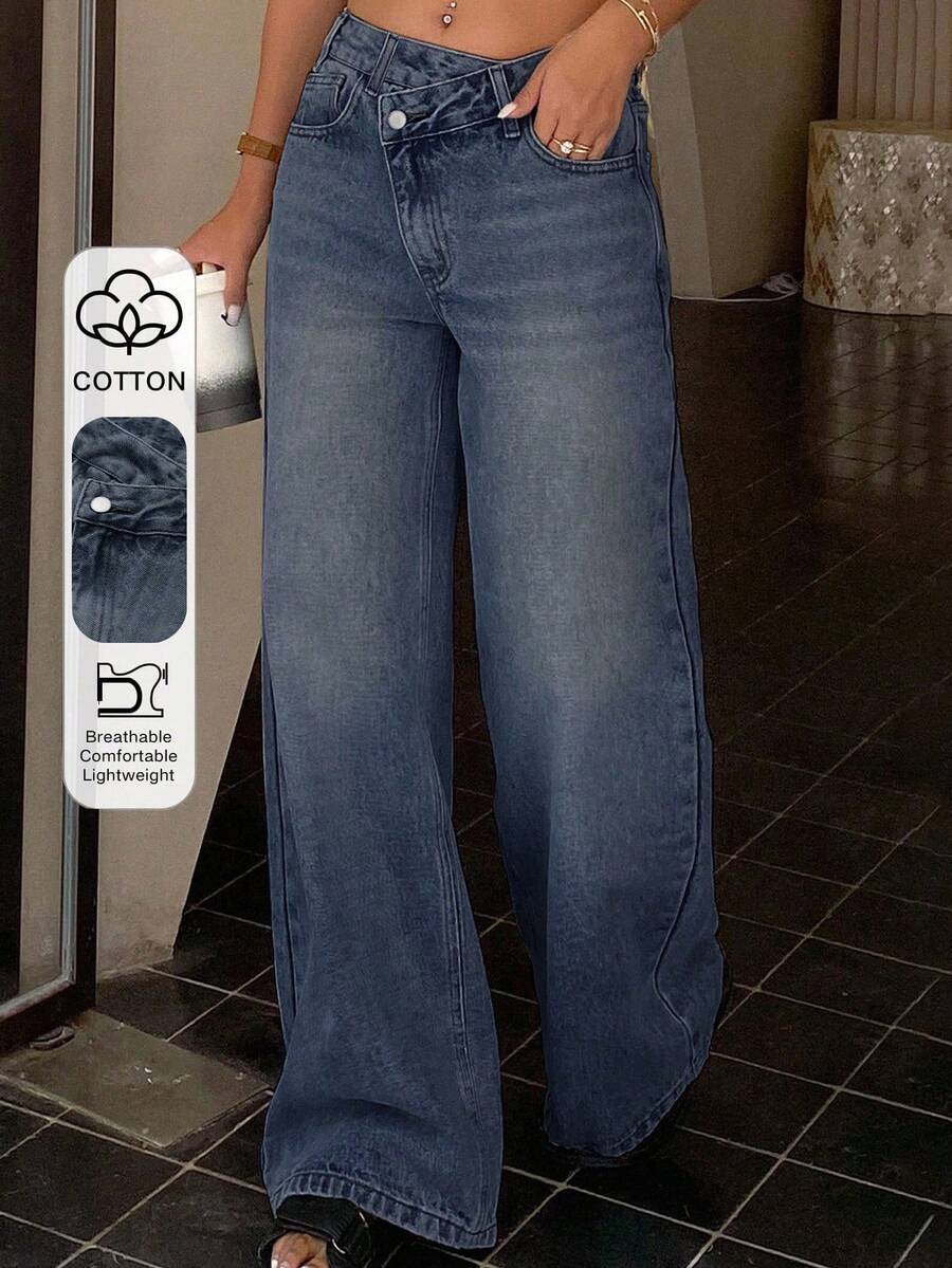 Dazy Tall Damen Lange Gerade Bein Lässige Jeans Hose mit schräger Knopfleiste - Blau - Übersicht 1