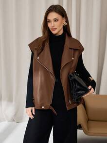 Auralis Plus Size Women's Autumn And Winter Fashion Casual Loose Comfortable Daily Basic Versatile Brown PU Leather Vest Jacket,Fall Coats,Casual Women Outfits,Fall Outfits Women,Western Wear Women,Back To School,Y2k Clothes,Street Wear,Winter Jacket For Women