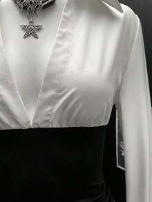 SHEIN Unity 2 In 1 Sexy Deep V-Neck Punk Style Shirt - Black and White - View 6