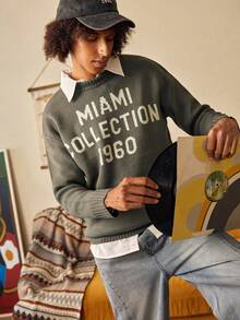 Open Phase 男士休闲宽松套头毛衣，饰有美式英语图案，圆领，长袖，适合春、秋、冬三季穿着，可日常搭配，是送给男友/老公的理想礼物。 - 綠色 - 查看 7